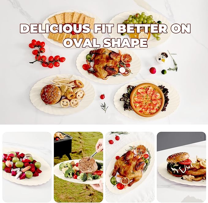 U-QE 25 Count Ivory Christmas Plastic Plates - 13.4 inch Oval Plates Disposable Plates Heavy Duty For Big Eaters, Ivory Disposable Platters Ideal for Christmas, Party, Picnic and Weddings