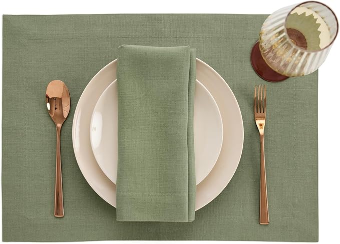 Solino Home Linen Cloth Placemats Set of 4 - 100% Pure Linen Oil Green Placemats 14 x 19 Inch for Spring, St Patricks Day, Easter - Fete