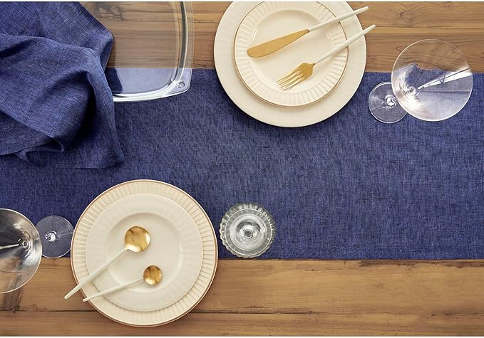 Solino Home Linen Chambray Navy Table Runner 120 Inches Long - Athena, 100% Pure Linen Dining Table Runner 14 x 120 Inch for Spring