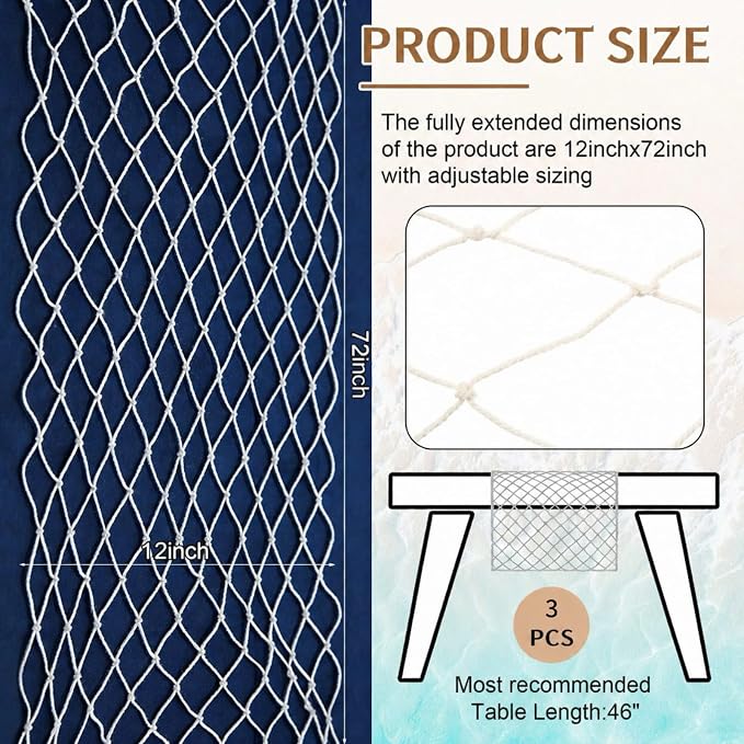 SATINIOR 3 Pcs 12 x 72'' Fishing Net Table Runner Party Decoration, Natural | - Image 3