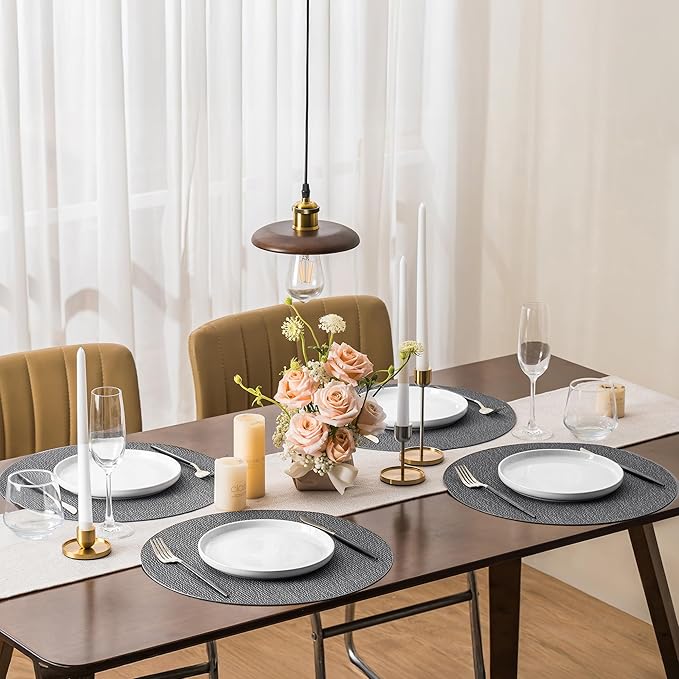 Jovono 15" Faux Leather Big Round Placemats Set of 6 - Washable Heat Resistant Non-Slip Dining Table Mats with Fabric Texture for Kitchen Home Party Decor, Gray