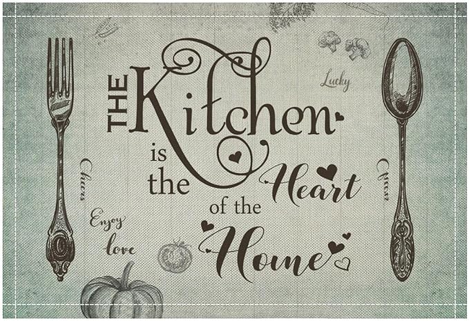 Retro Farmhouse Placemat Set, Minimal Green Gradient Rustic Plank Art Sketch Cutlery Knife Fork Inspirational Quotes Pattern Home Decor Linen Table Mats for Dining Room Kitchen Party (17x12in) x4P