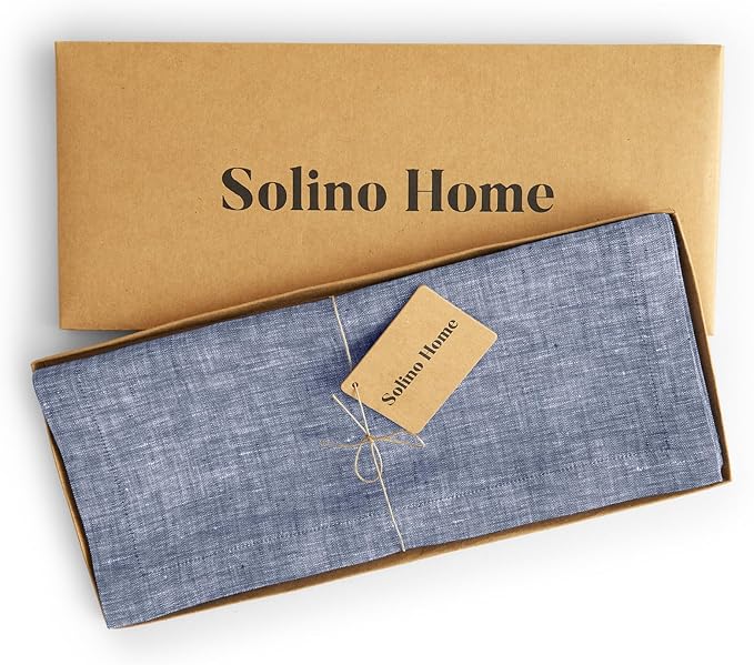 Solino Home Linen Table Runner 72 Inches Long - Athena, 100% Pure Linen Chambray Indigo Table Runner 14 x 72 Inch for Dining, Winter, Spring, Easter