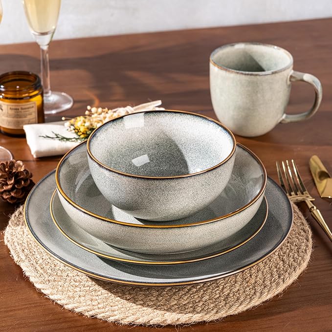 GBHOME Ceramic Dinnerware Sets for 6, 18 Pieces Stoneware Plates and Bowls Sets, Reactive Glaze Dish Set-Scratch Resistant, Dishwasher&Microwave Safe