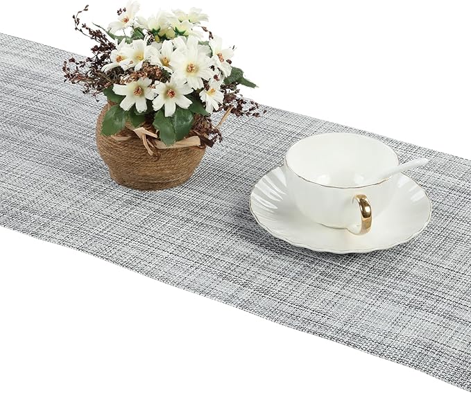 SHACOS Woven Vinyl Table Runners 12 x 54 inch Wipe Clean PVC Weave Table Runners Heat Resistant Runner for Table Indoor Outdoor, Gray White
