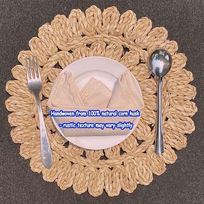13.8" Round Corn Husk Placemats | Boho Woven Rattan Table Mats | Natural Spring Farmhouse Plate Chargers | Handmade Rustic Wicker Place Mats for Christmas Wedding (Set of 6)