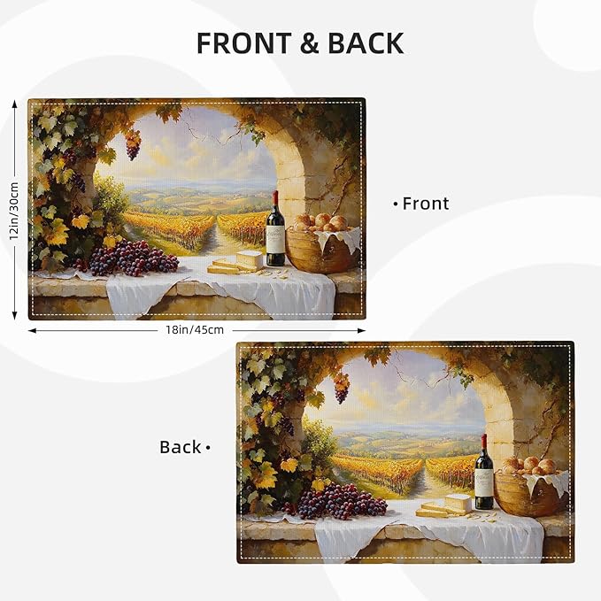 Wine Placemats Set of 6, French Country Grape Place Mats, Grapes Waterproof Washable Table Mats for Home Party Indoor Kitchen Dining Table Decoration 12x18 Inch