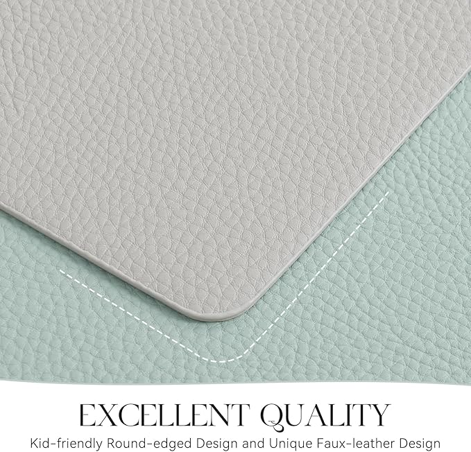 MOSAYT Vinyl Placemats Set of 8, Heat Resistant Place Mats 100% Waterproof Washable & Wipeable Faux Leather Reversible Table Mats for Kitchen Dining Party Outdoor, 12" x 17", Light Grey/Aqua