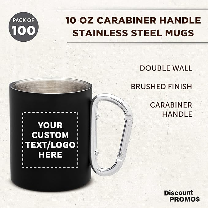 Custom Stainless Steel Mugs with Carabiner Handle 10 oz. Set of 100, Personalized Bulk Pack - Perfect for Coffee, Soda, Other Hot & Cold Beverages - Black