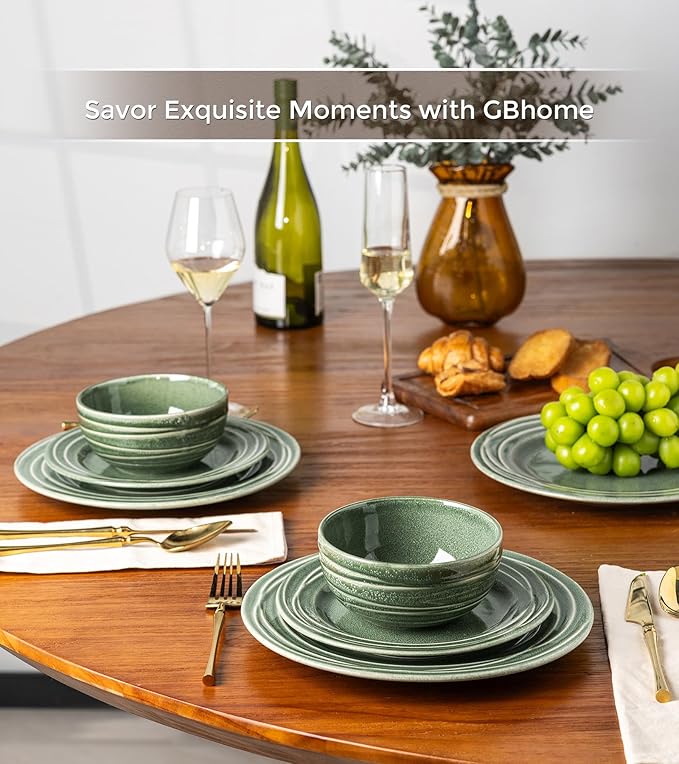 GBHOME Ceramic Dinnerware Sets,12 pcs Embossed Elegant Stoneware Plates and Bowls Sets, Housewarming Wedding Gift | Dishwasher & Microwave Safe | Dishes Set Service for 4,Dark Green