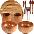 12 Pcs Acacia Wood Dinnerware Set 11.6 Inch Round Wooden Plates Bowls Tea Cups by Unknown