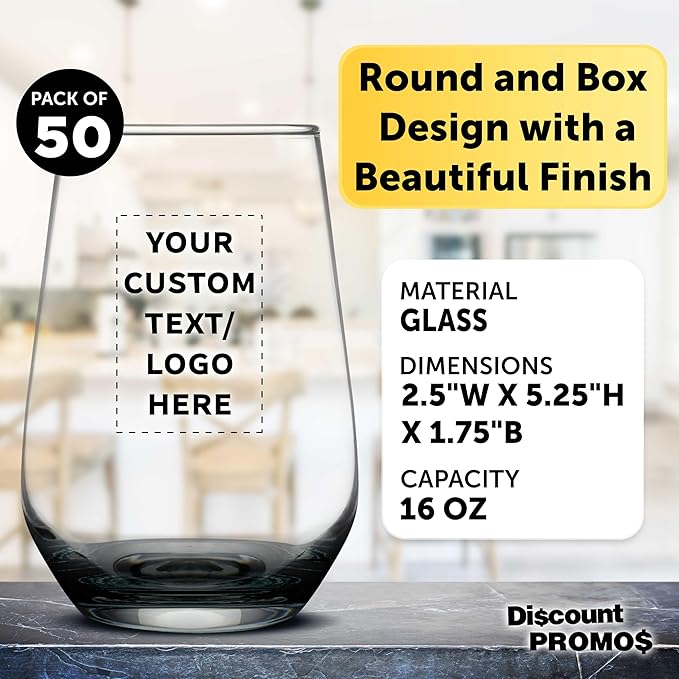 DISCOUNT PROMOS 50 Vaso Silicia Stemless Wine Glasses Set, 16 oz. - Personalized Text, Logo - Clear, Orb-Like, Thick base - Black