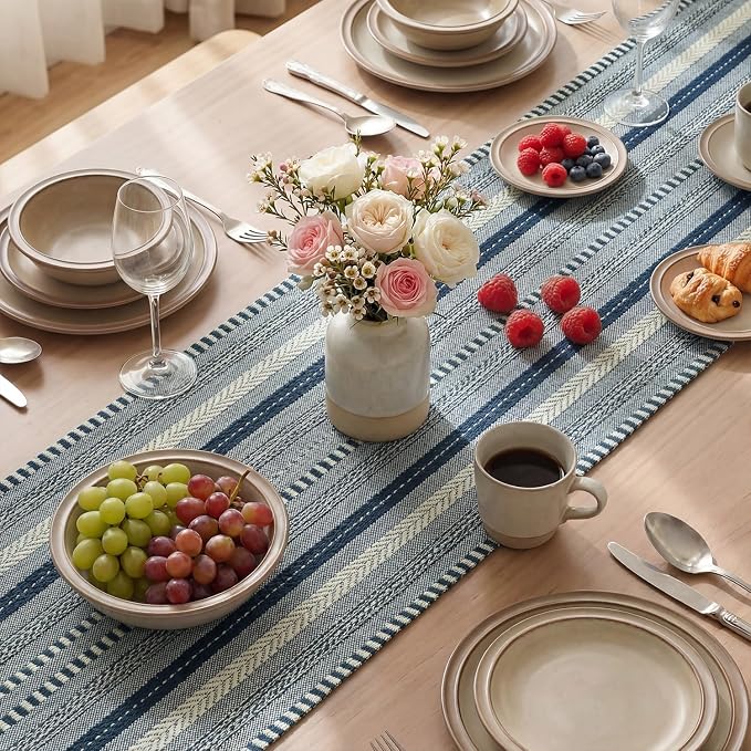 Artoid Mode Dark Blue Farmhouse Stripe Braided Table Runner 12x72 Inch | - Image 4