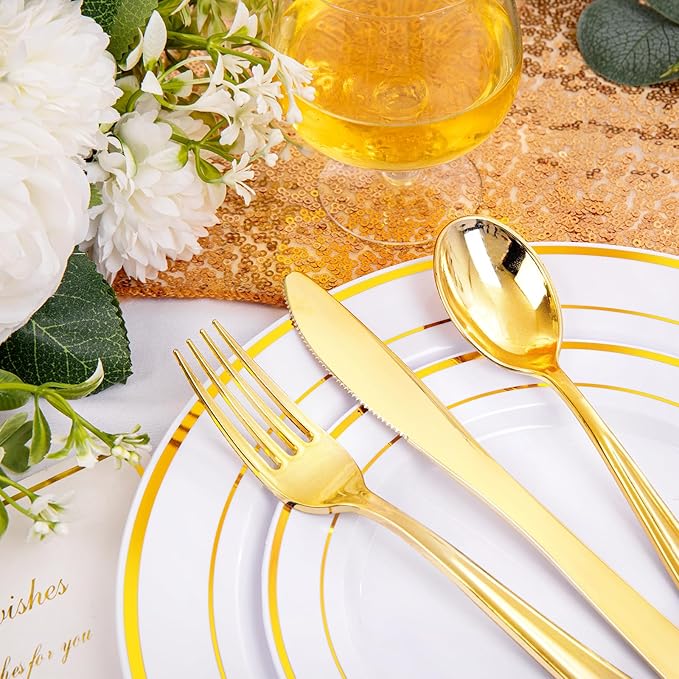 200 Pcs Gold Plastic Plates, Premium Disposable Gold Plates | Gold Rimmed - Image 2