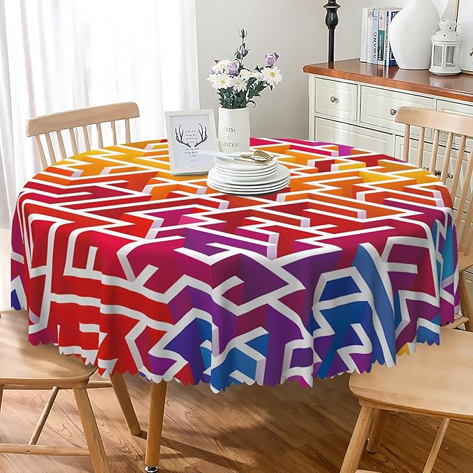 Laeacco 42 Inch Maze Round Tablecloth Colorful Labyrinth Texture Modern Geometric Abstract Art Print Table Cloth Washable Waterproof Wrinkle Free Table Cover for Kitchen Dining Picnic Party Decor