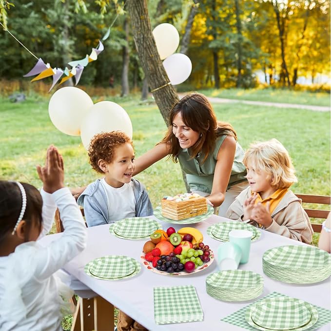 180Pcs Green Gingham Party Supplies Paper Plates and Napkins Serve 60 | - Image 5