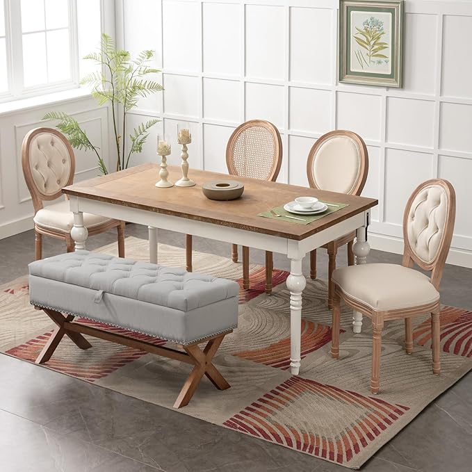 Bonzy Home 36" Tufted Entryway Bench with Storage,French Vintage Bedroom Bench with X-Shaped Legs, Linen Fabric Storage Ottoman Bench for Bedroom Dining Room Living Room Entryway, Gray