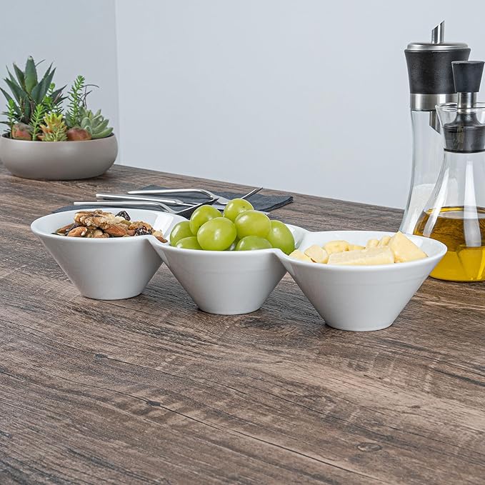 Restaurantware-13.4 x 4.9 x 2.3 Inch Triple Dip Bowls, 1 Microwavable Condiment Server - 3 Compartments, Microwavable, White Porcelain Dip Tray, Dishwashable, For Snacks, Condiments, Or Toppings
