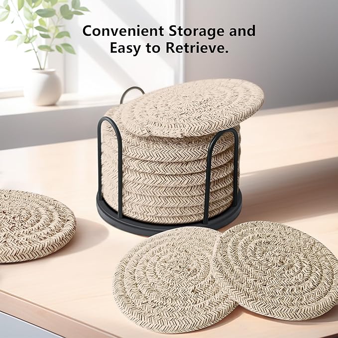 Coasters Set of 8 for Drinks, Beer, Coffee, Cotton Woven Absorbent Coaster with Holder, Boho Coasters for Home Decor Tabletop Protection Suitable for Kinds of Cups, Brown