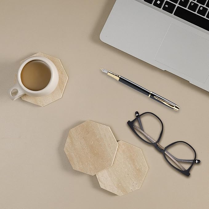 Octagonal Travertine Coasters Set of 6 with Gold Holder, Farmhouse Rustic Neutral Style Coaster for Home Table Decor, Porous Natural Travertine Absorbent Drink Coasters, Velvet Backed