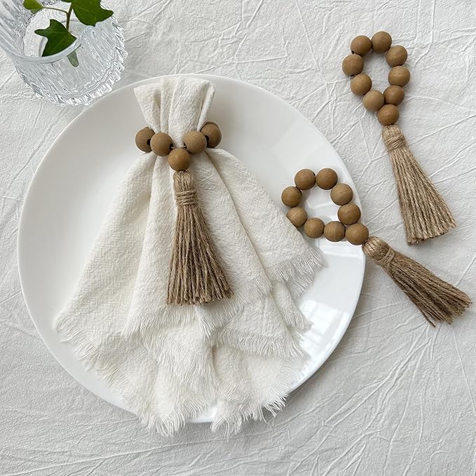 Napkin Rings Set of 12, Wooden Napkin Rings,Wood Bead Elastic Farmhouse Napkin Ring with Tassel,Boho Napkin Holder for Table Decor,Weeding,Dinner,Party(Light Brown)