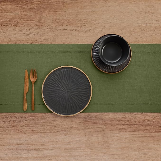 Solino Home 100% Linen Table Runner Olive, Classic Hemstitch 14 x 120 in | - Image 3