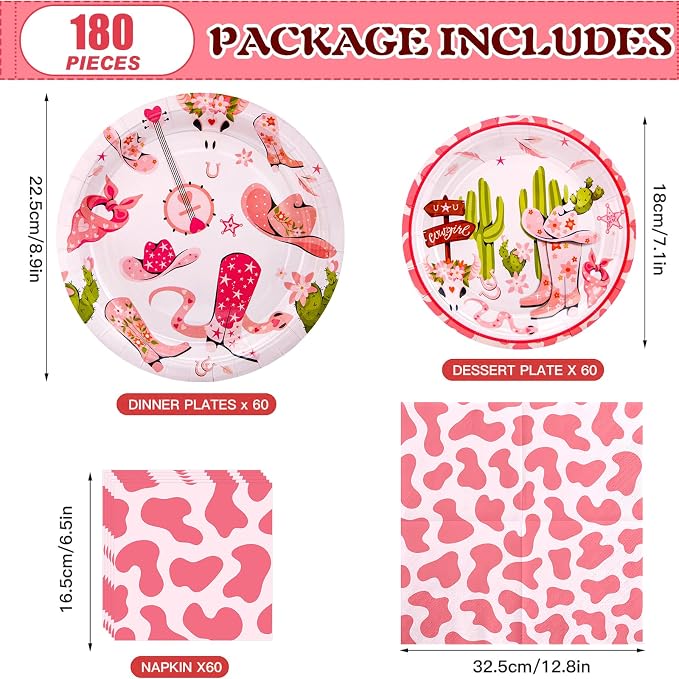 180PCS Cowgirl Paper Plates and Napkins Party Supplies Serve 60 | - Image 2