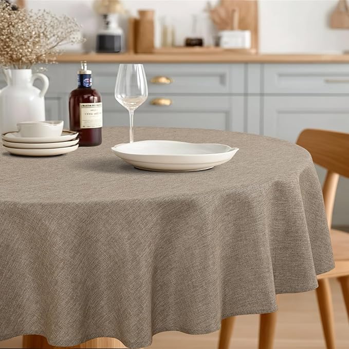 JIUZHEN Round Table Cloth Faux Linen Farmhouse Tablecloth Wrinkle and Stain Resistant Decorative Fabric Table Cover for Kitchen, Dining Room, Parties and Camping, Khaki, 70 Inch Round