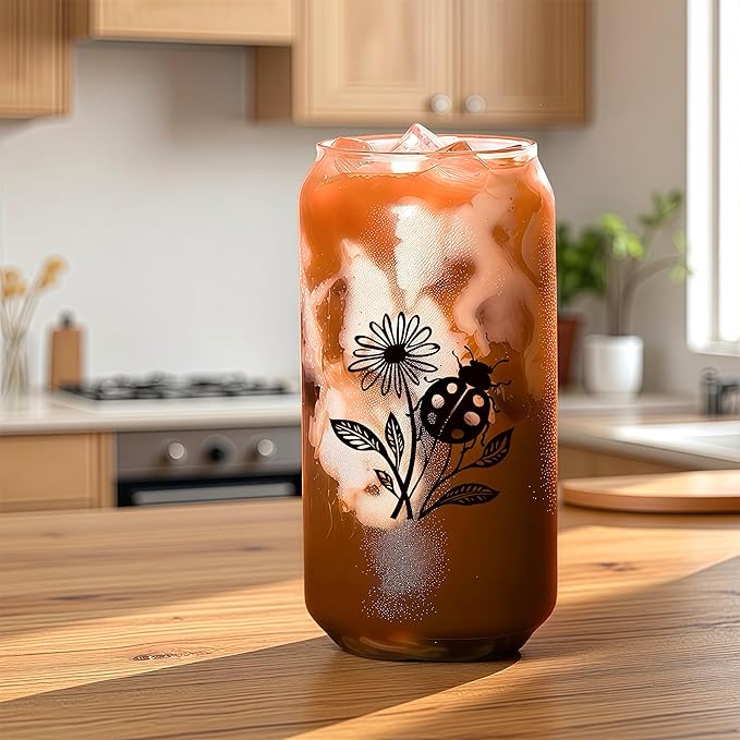 Cute Ladybugs Glass Cup With Lids And Straws, Ladybugs Gift For Women, Iced Coffee Cup, Iced, Coffee, Smoothie, Cocktail, Beer, Whiskey, Soda, Matcha,16 Oz, Home Office Table Desk Decoration!