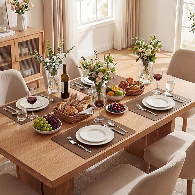 Artoid Mode Brown Faux Leather Placemats Set of 4, 12x18 Inch Waterproof Wipeable Heat Resistant Vinyl Place Mats, Reversible Table Mats for Kitchen Dining Decor