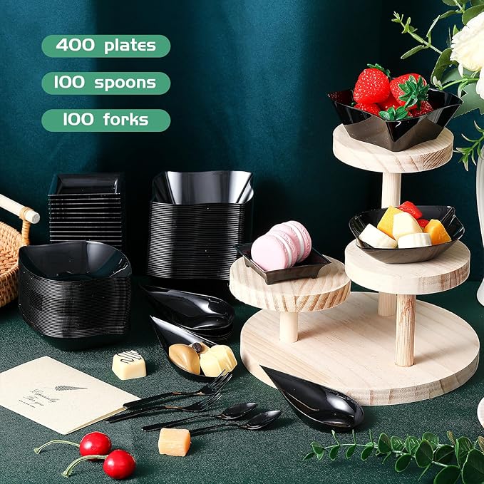 Tessco 800 Pcs Mini Appetizer Plates Set Including 400 Disposable Dessert Plates Assorted Shape 200 Mini Plastic Forks 200 Plastic Spoons for Party(Black,Classic)