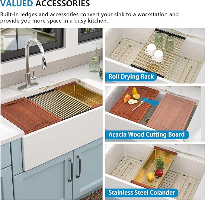 33"x20" White Farmhouse Sink Workstation – Reversible Flat Apron Front with Ledge, White Porcelain Ceramic Fireclay Single Bowl Luxury Farm Kitchen Sink Basin