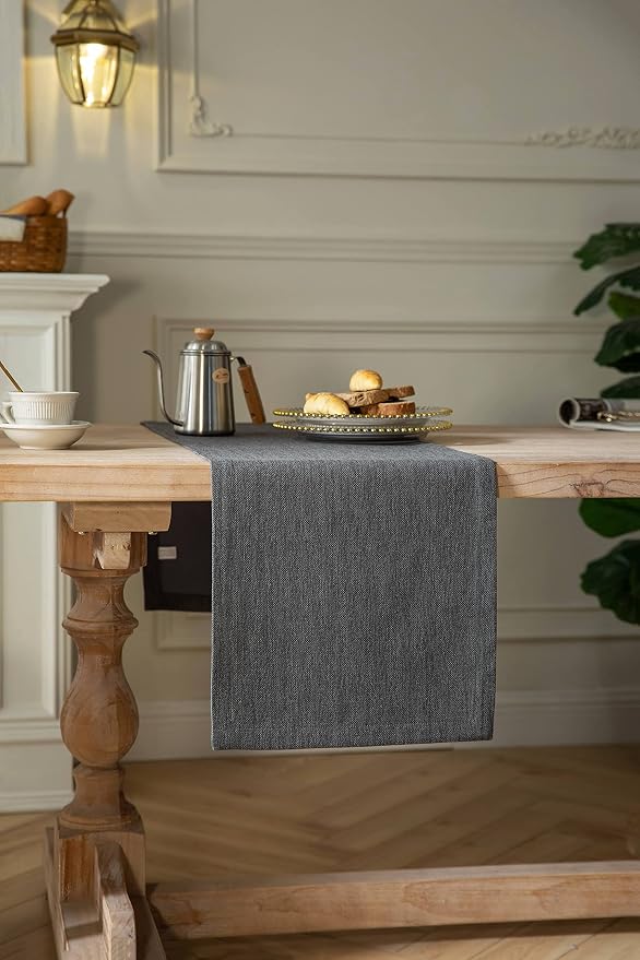 Burlap Style Farmhouse Table Runner, 14x108 Inches Graphite Grey | Thick - Image 3