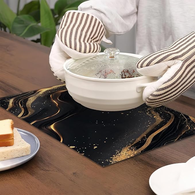 Abstract Marble Placemats Set of 6,Gold Black Waterproof Non-Slip Washable Table Mats for Kitchen Dining Holiday Party Wedding Decor 12x18 Inch