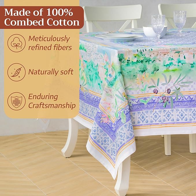 Maison d' Hermine Premium Table Cloth Rectangle Table 100% Combed Cotton 120 x 70 Inches Tablecloth Reusable Decorative for Dining Room, Farmhouse, Home, Party, Festive & Wedding - Luberon