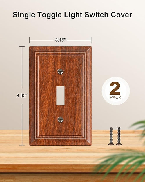 2-Pack Single Toggle Light Switch Cover Plate, Durable Natural Bamboo Fiber Decorative Switch Plate Covers, Wood Grain 1 Gang Wall Plate, Corrosion Resistant