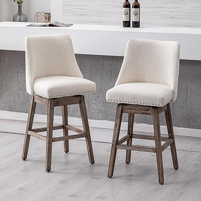 Counter Height Bar Stools Set of 2, Linen Fabric Mid Century Modern Swivel Barstool with Back & Wood Legs Comfy Upholstered Counter Chairs for Home Bar/Dining Room/Restaurant, Cream