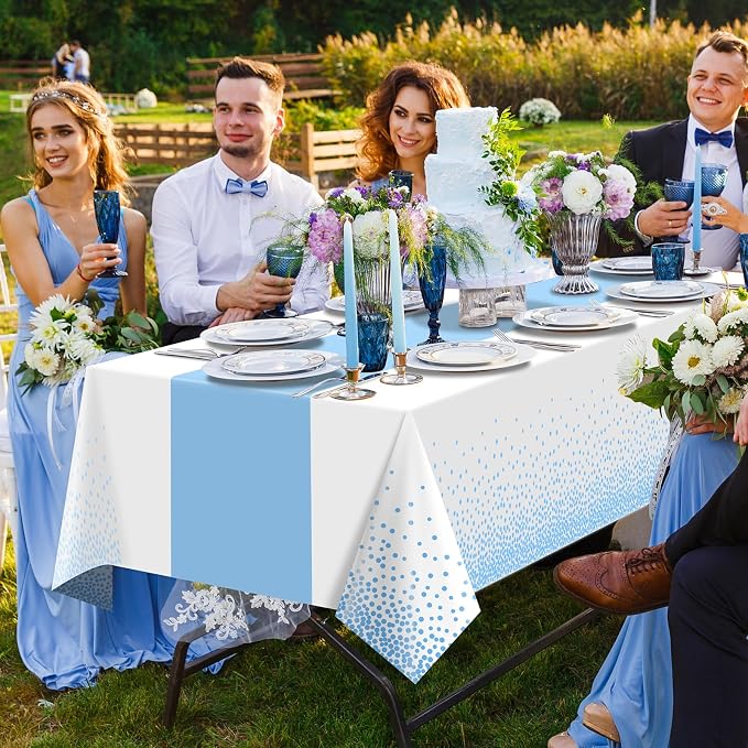 MASHAN 6Pcs White and Light Blue Polka Dot Plastic Rectangular Tablecloths - Image 6