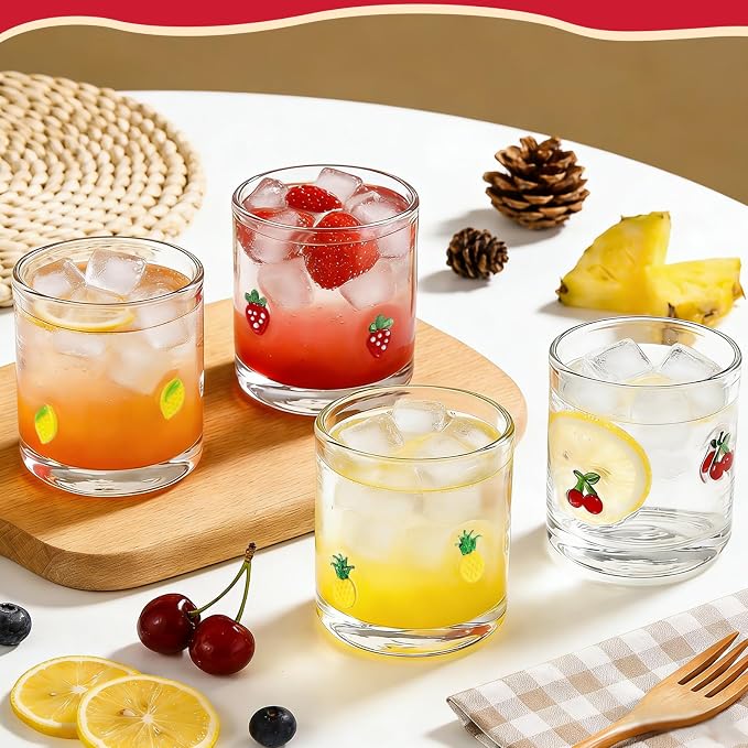 4 Pcs Fruit Icon Juice Glasses | 14oz Cute Pattern Stemless Wine Glass - Image 4