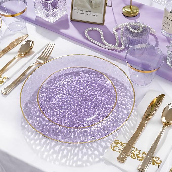 DaYammi 100 Pcs Purple Gold Plastic Plates - 10 inch Clear Purple Gold Dinner Plates - Hammer Pattern Design - Fancy Disposable Plate - Heavy Duty Party Plate Ideal for Wedding