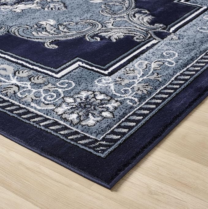 Modern 2x7 Navy Traditional Living Room Rug - Area Rugs for Living Room, Dining & Bedroom - Hand Carved Runner Carpet - Durable Polyester - Non-Fade, Stain-Resistant - Turkish Made