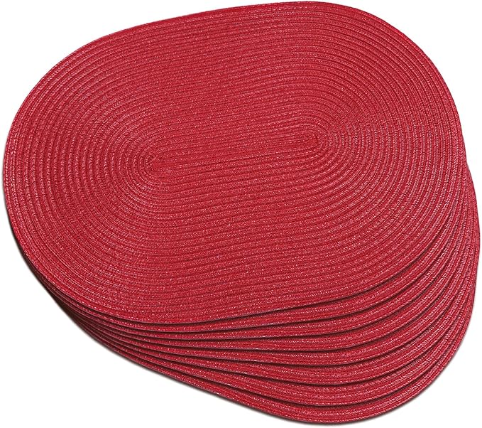 Noctiflorous Oval Braided Placemats Set of 8 Woven 12x18 Inch Non Slip Washable Heat Resistant Place Mats Round Tablemats for Dining Kitchen Party Daily Table Decor Dinner Mats (Red, 8)