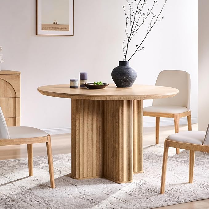 T4TREAM 47" Fluted Round Dining Table for 4-6, Mid-Century Modern Kitchen Table with Thickened Edge & Sturdy Pedestal Base for Kitchen Living Room,Natural Oak(Table Only)