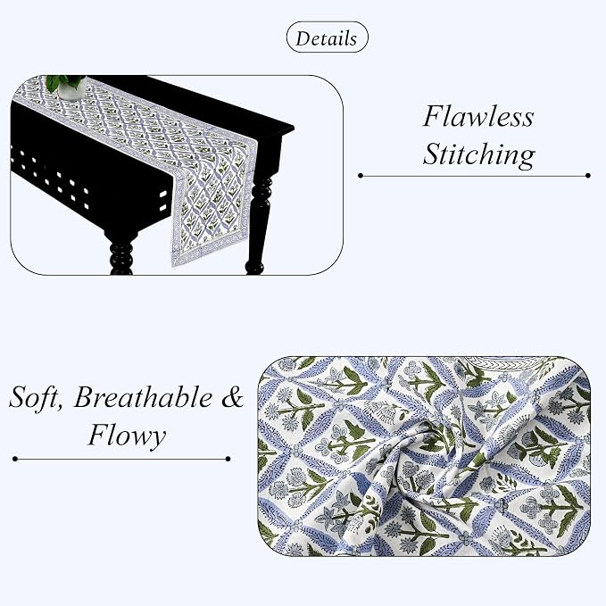 Light Steel Blue Hand Block Print 100% Cotton Table Runner 16x90 Inch | Perfect - Image 2