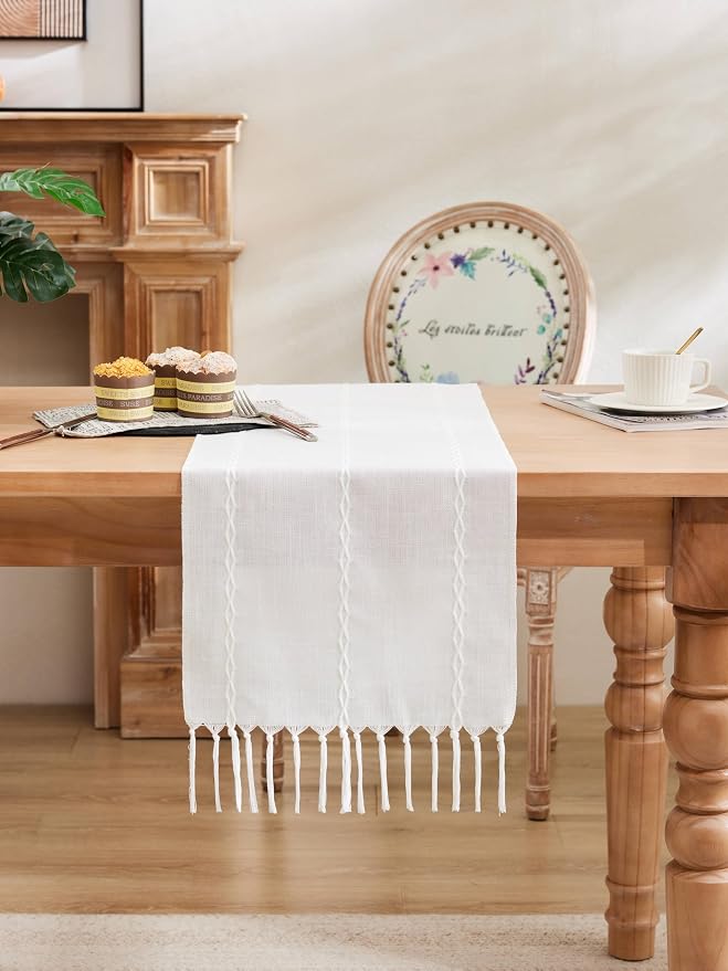Braided Farmhouse Table Runner, Braided White 13x90 Inch, Cotton Linen Table - Image 2
