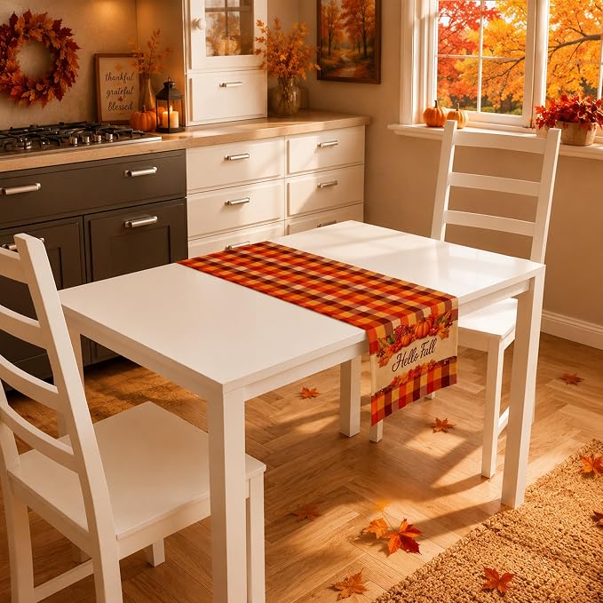 Fall Decor - Hello Fall Pumpkin Plaid Table Runner - Image 7