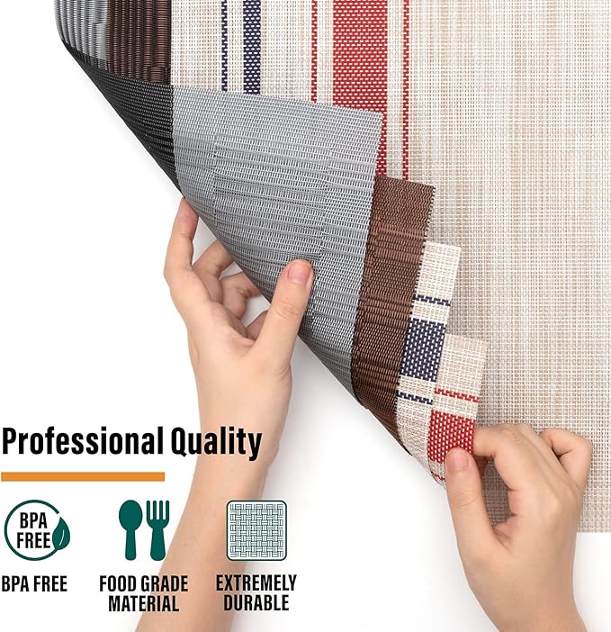 Winknowl Placemats Set of 4, Heat Resistant Non-Slip Vinyl Woven Table Mats for Dining Table, Washable Durable Elegant Place Mats for Kitchen Indoor/Outdoor Use (Beige Blue)