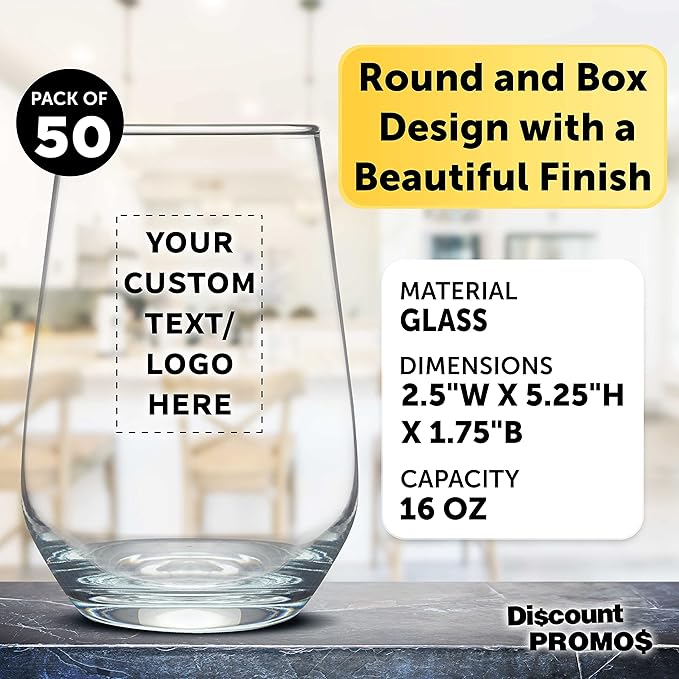 DISCOUNT PROMOS 50 Vaso Silicia Stemless Wine Glasses Set, 16 oz. - Personalized Text, Logo - Clear, Orb-Like, Thick base - Clear