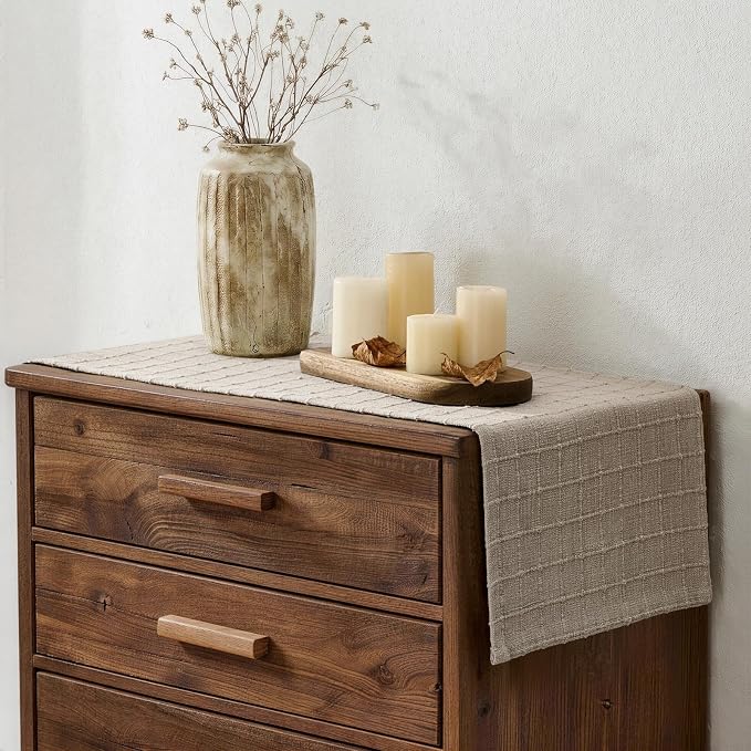 Artisanal Grid Linen Table Runner, 13x60 Inches Oatmeal | Heavy Textured - Image 3