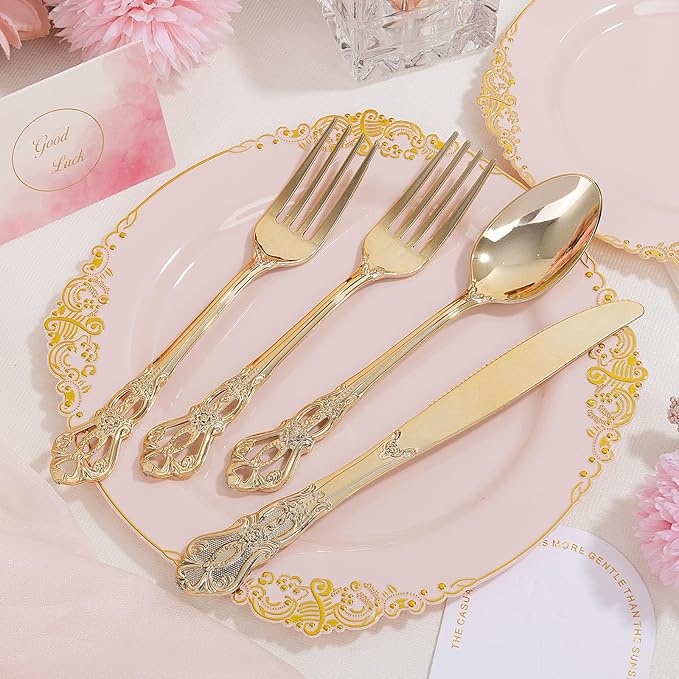 Ciaell 300PCS Pink and Gold Plastic Plates - Pink Disposable Dinnerware Sets for 50 Guests - 100 Plates, 50 Knives, 50 Forks, 50 Spoons, and 50 Napkins for Wedding, Party & Valentine's Day